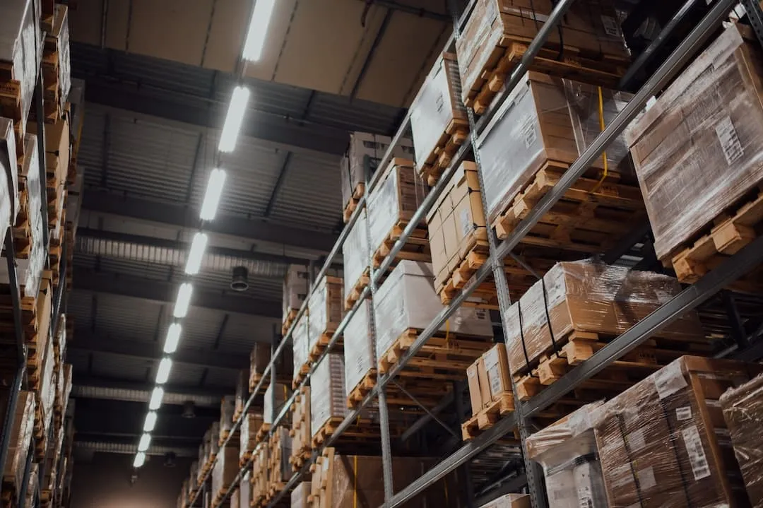 Warehouse racking stacked with palletized goods